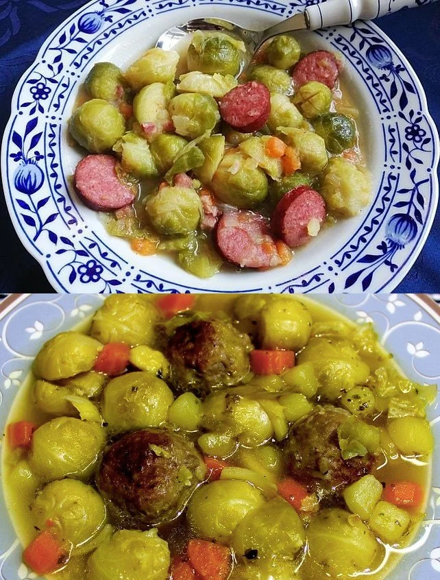 Leckerer Kartoffel-Möhren-Rosenkohl Eintopf in einer Schüssel serviert