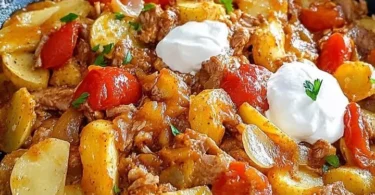 Kartoffel-Paprika-Pfanne mit Hackfleisch und Créme fraîche auf einem Teller serviert.
