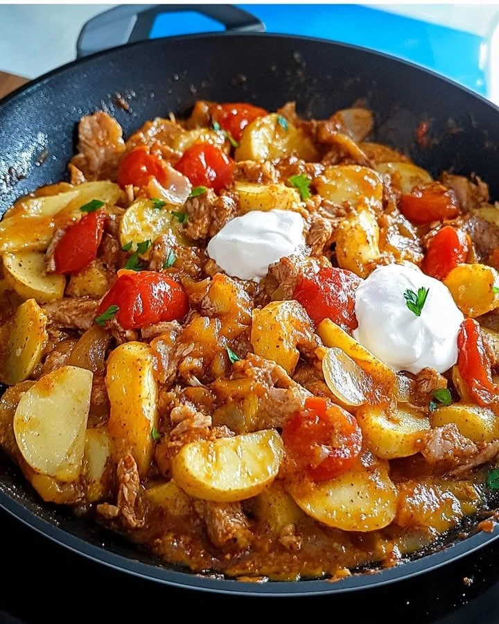 Kartoffel-Paprika-Pfanne mit Hackfleisch und Créme fraîche