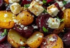 Leckere Kartoffeln mit Rote Bete und Feta auf einem Teller angerichtet.