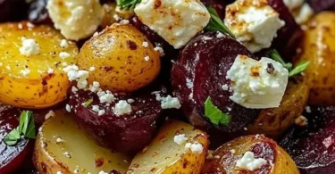 Leckere Kartoffeln mit Rote Bete und Feta auf einem Teller angerichtet.