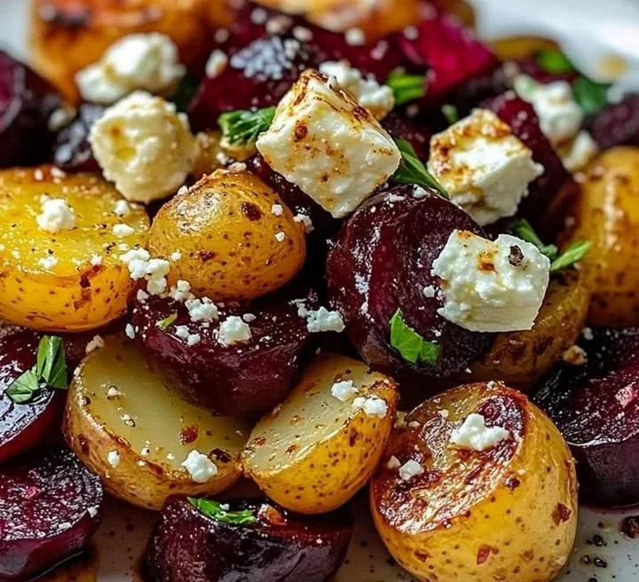 Leckere Kartoffeln mit Rote Bete und Feta auf einem Teller angerichtet.