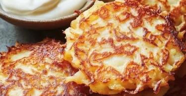 Zwei goldbraune Kartoffelpuffer auf einem Teller, serviert mit Apfelmus