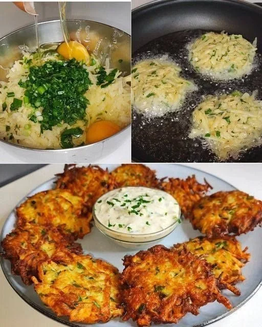 Knusprige Kartoffelpuffer auf einem Teller mit Sauerrahm und Apfelmus