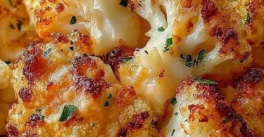Ofengericht mit Käseblumenkohl, knusprig gebacken und goldbraun serviert.