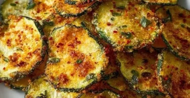 Knoblauch-Zucchini-Chips auf einem Teller serviert, knusprig und appetitlich.