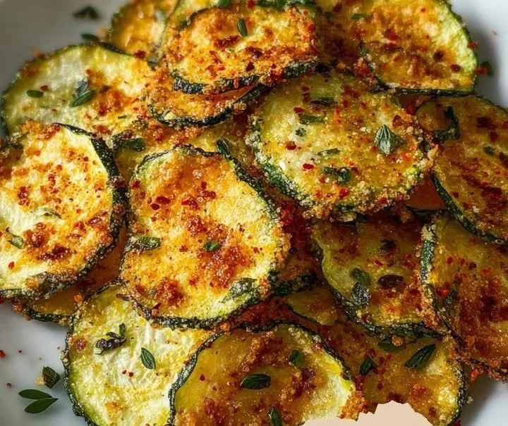 Knoblauch-Zucchini-Chips auf einem Teller serviert, knusprig und appetitlich.