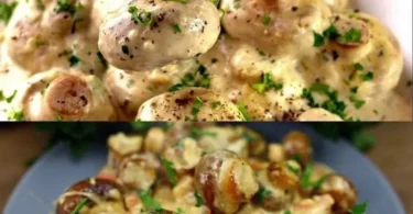 Knoblauchpilze in Parmesan Käse auf einem Teller serviert