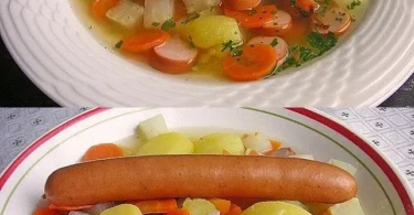 Kohlrabi und Kartoffelsuppe mit Cabanossi auf einem Teller serviert.