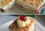 Krokant-Torte mit Schokoladenglasur und Nüssen auf einem dekorativen Teller