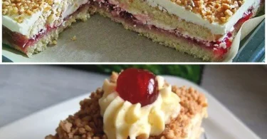 Krokant-Torte mit Schokoladenglasur und Nüssen auf einem dekorativen Teller