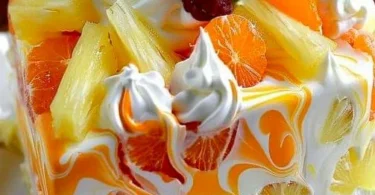 Kuchen mit Mandarinen und Ananas auf einem Teller serviert