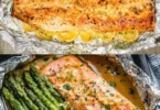 Lachsfilet in Knoblauch-Zitronenbutter auf einem Teller serviert