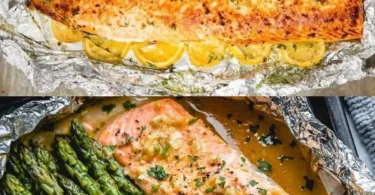 Lachsfilet in Knoblauch-Zitronenbutter auf einem Teller serviert