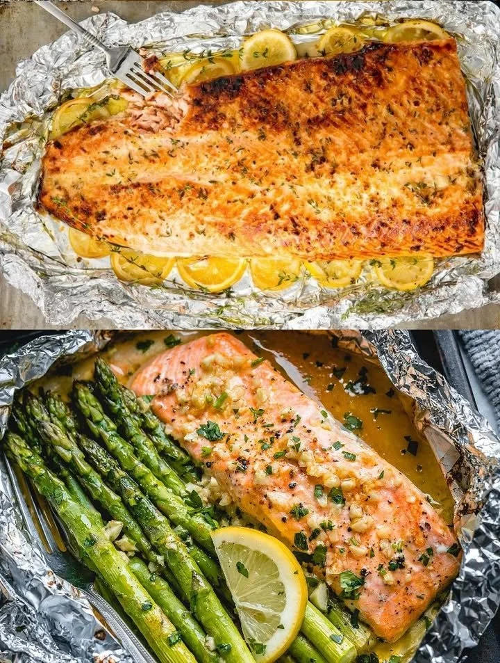 Lachsfilet in Knoblauch-Zitronenbutter auf einem Teller serviert