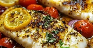Mediterraner Ofenfisch mit frischen Kräutern und Gemüse im Backofen zubereitet