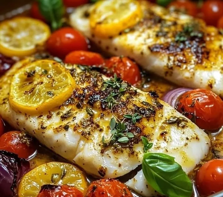 Mediterraner Ofenfisch mit frischen Kräutern und Gemüse im Backofen zubereitet