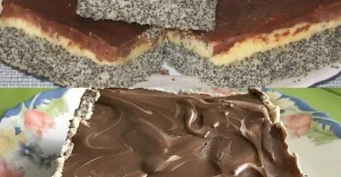 Mohnkuchen mit Pudding auf einem Teller, dekoriert mit Puderzucker.