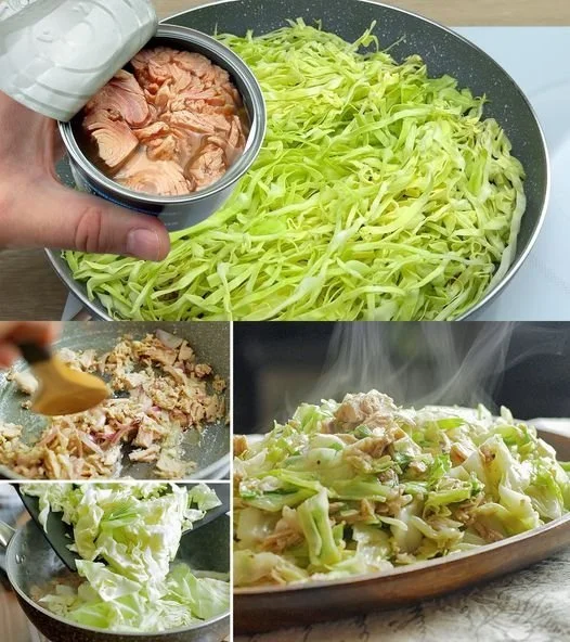 Napa-Kohl mit Thunfisch auf einem Teller, gesundes Rezept.