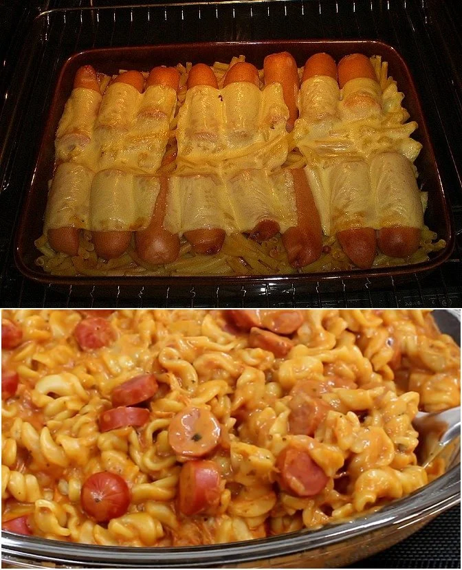 Nudelauflauf mit Frankfurtern und Gouda im Ofen gebacken