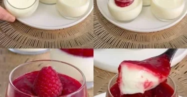 Panna Cotta Dessert mit Himbeeren auf einem weißen Teller serviert.