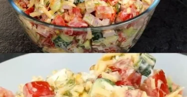 Paprika Gouda Salat mit Fleischwurst auf einem Teller serviert