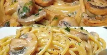 Pasta mit Pilzen und cremiger Sahnesauce auf einem Teller