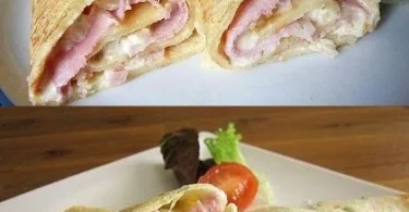 Pfannkuchen mit Schinken und Käse auf einem Teller serviert
