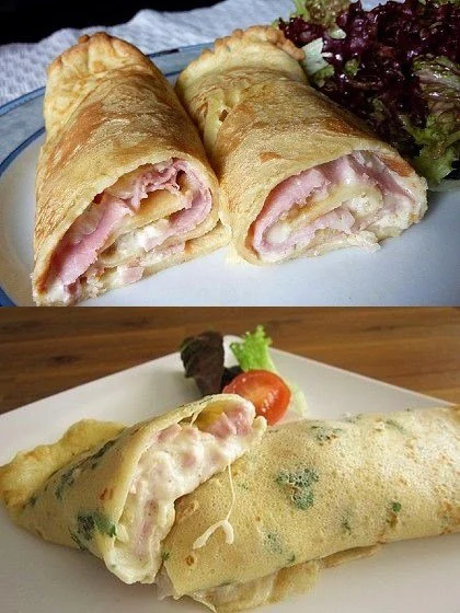 Pfannkuchen mit Schinken und Käse auf einem Teller serviert