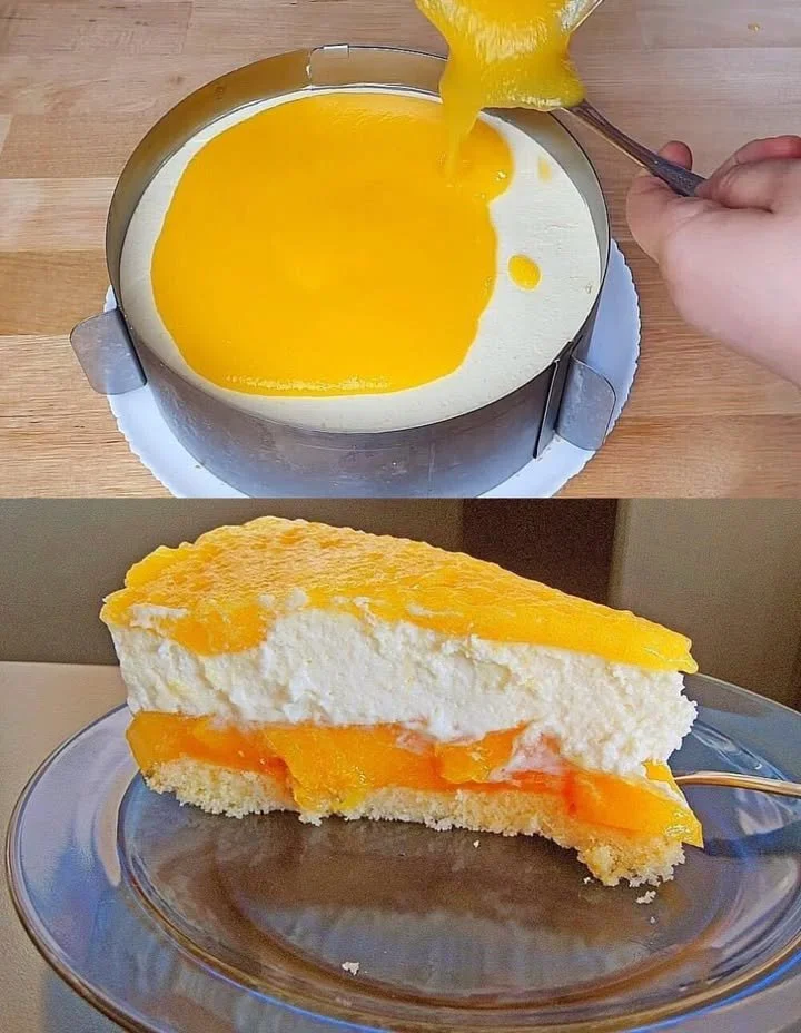 Pfirsich-Maracuja Torte mit frischen Früchten auf einem eleganten Teller