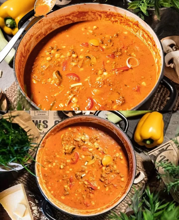 Schüssel mit Pizzasuppe, belegt mit Käse und frischen Kräutern.