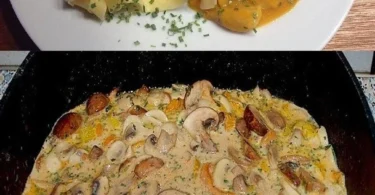 Puten Sahne Gulasch serviert auf Bandnudeln mit frischen Kräutern.