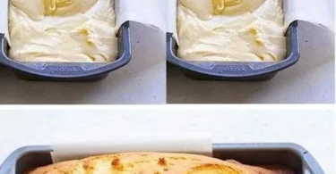 Ein saftiger Quark Rührkuchen auf einem Teller, dekoriert mit Puderzucker