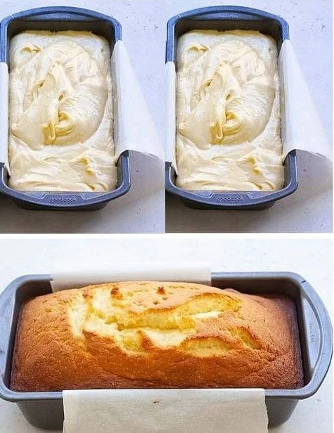Ein saftiger Quark Rührkuchen auf einem Teller, dekoriert mit Puderzucker