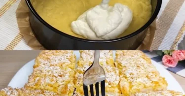 Köstlicher Quark Schneekuchen mit Vanillepudding auf einem Teller serviert