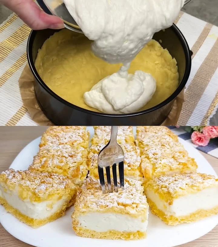 Köstlicher Quark Schneekuchen mit Vanillepudding auf einem Teller serviert