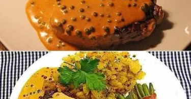 Rinderfilet mit grüner Pfeffersauce auf einem Teller serviert