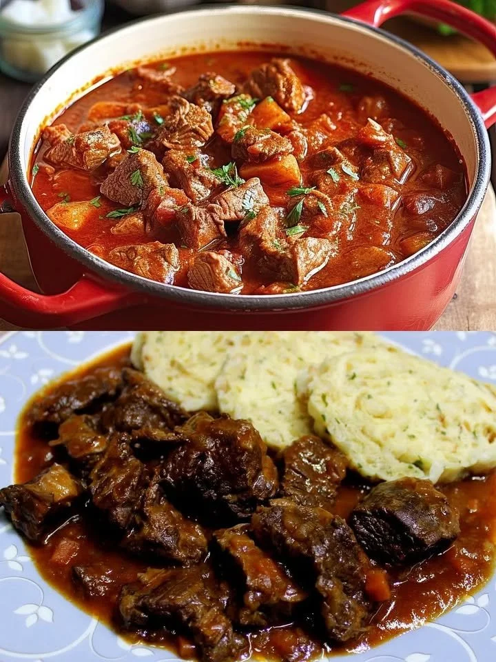 Schüssel mit köstlichem Rindergulasch, serviert mit Beilagen.