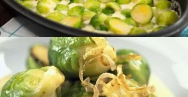 Rosenkohl in Frischkäse-Senf-Sauce auf einem Teller serviert.