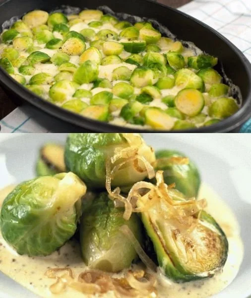 Rosenkohl in Frischkäse-Senf-Sauce auf einem Teller serviert.