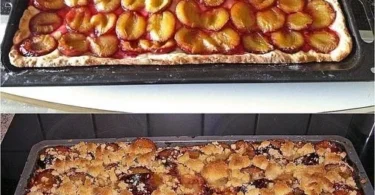 Saftiger Pflaumenkuchen vom Blech mit Streuseln und frischen Pflaumen