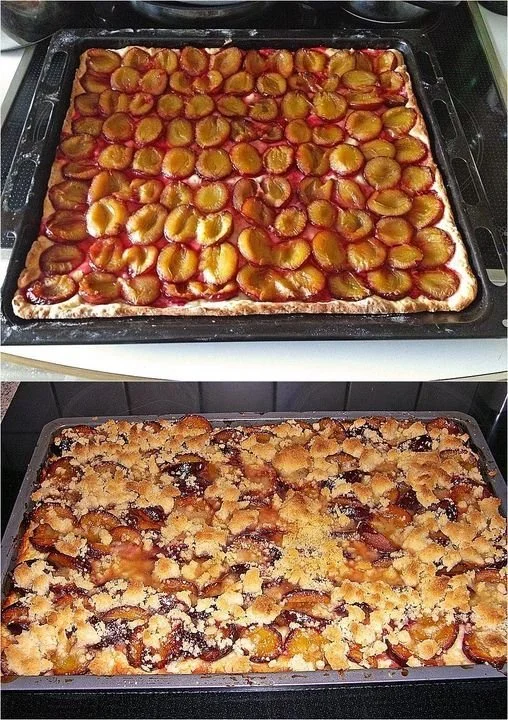 Saftiger Pflaumenkuchen vom Blech mit Streuseln und frischen Pflaumen