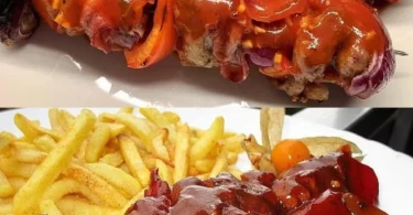 Leckeres Schaschlik mit selbstgemachter Schaschliksoße auf einem Grillteller