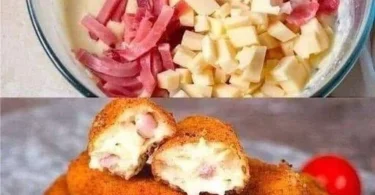 Schinken-Käse-Kroketten auf einem Teller garniert mit frischen Kräutern