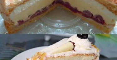 Schokoladen-Sponge-Kuchen mit Meringue und Kirschen auf einem Teller serviert