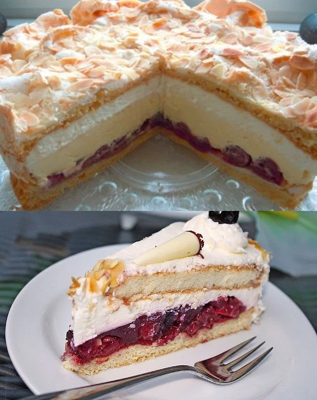 Schokoladen-Sponge-Kuchen mit Meringue und Kirschen auf einem Teller serviert