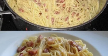 Spaghetti Carbonara nach Südtiroler Art serviert auf einem Teller mit Petersilie.