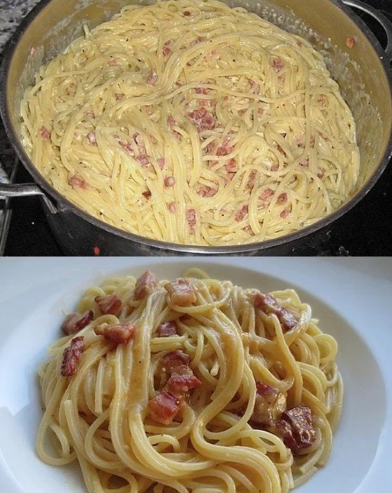 Spaghetti Carbonara nach Südtiroler Art serviert auf einem Teller mit Petersilie.