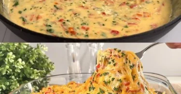 Spaghetti mit Käsesoße in einer weißen Schüssel serviert