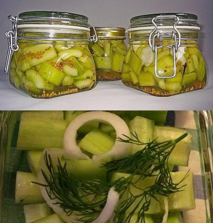 Glas mit süßsaure Senfgurken auf einem Tisch, ideal für Salate oder Snacks